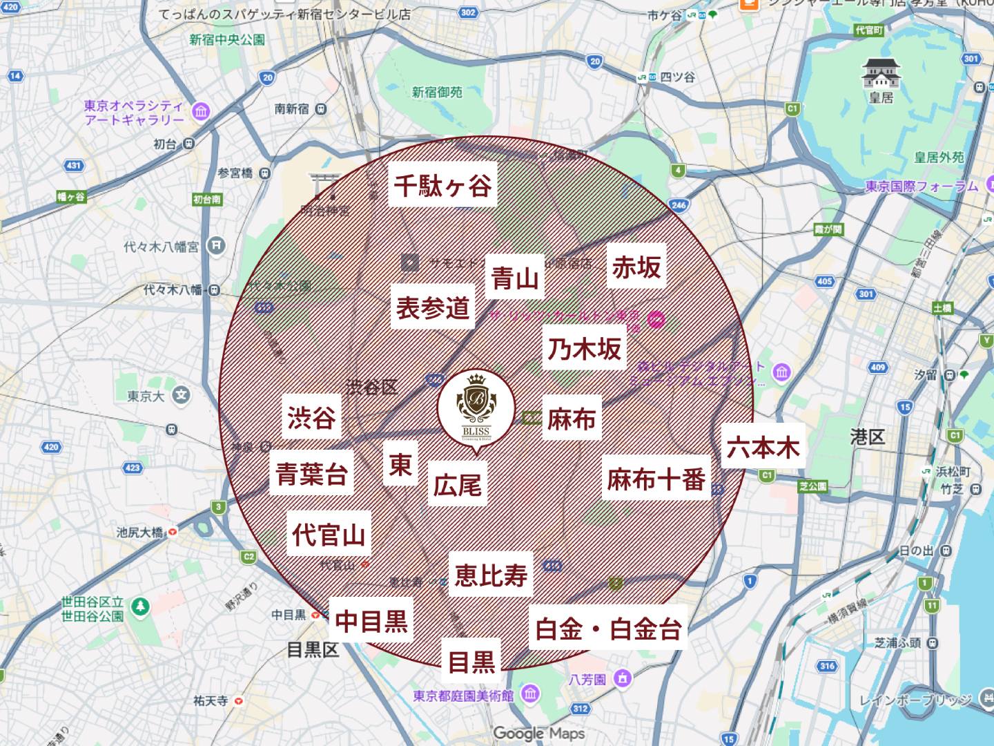 広尾店の無料送迎エリアマップ