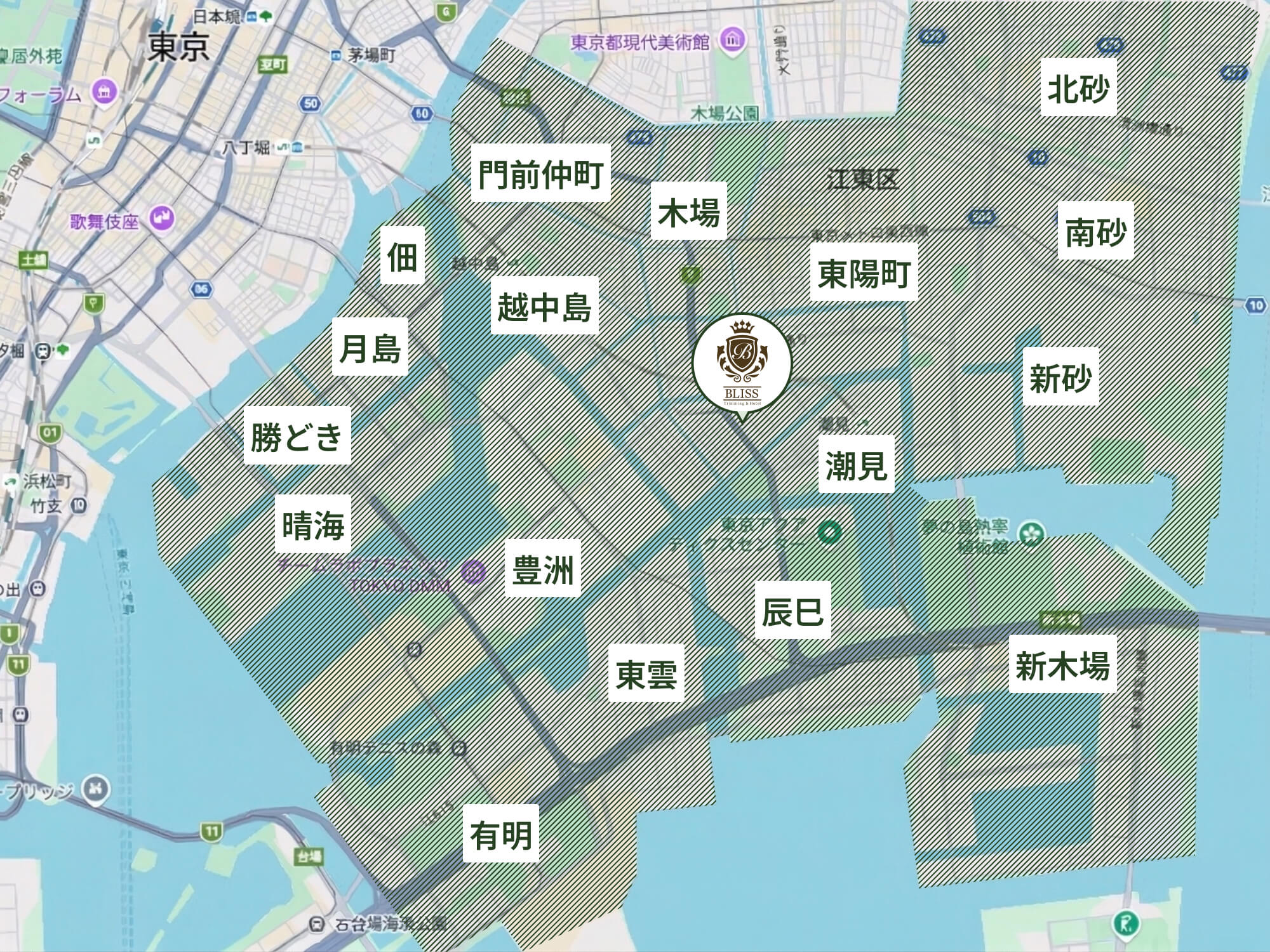 豊洲店の無料送迎エリアマップ