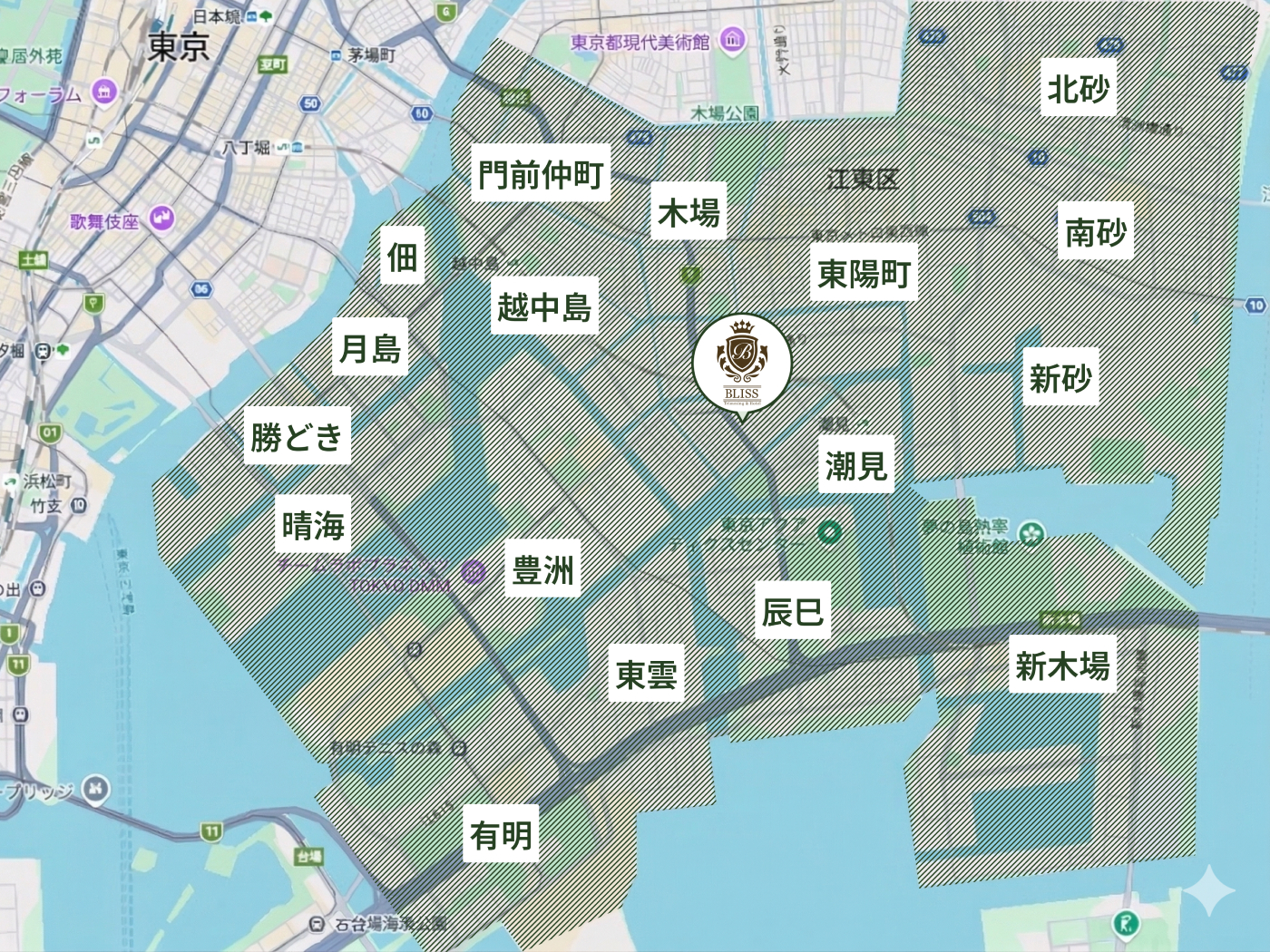 豊洲店の無料送迎エリアマップ
