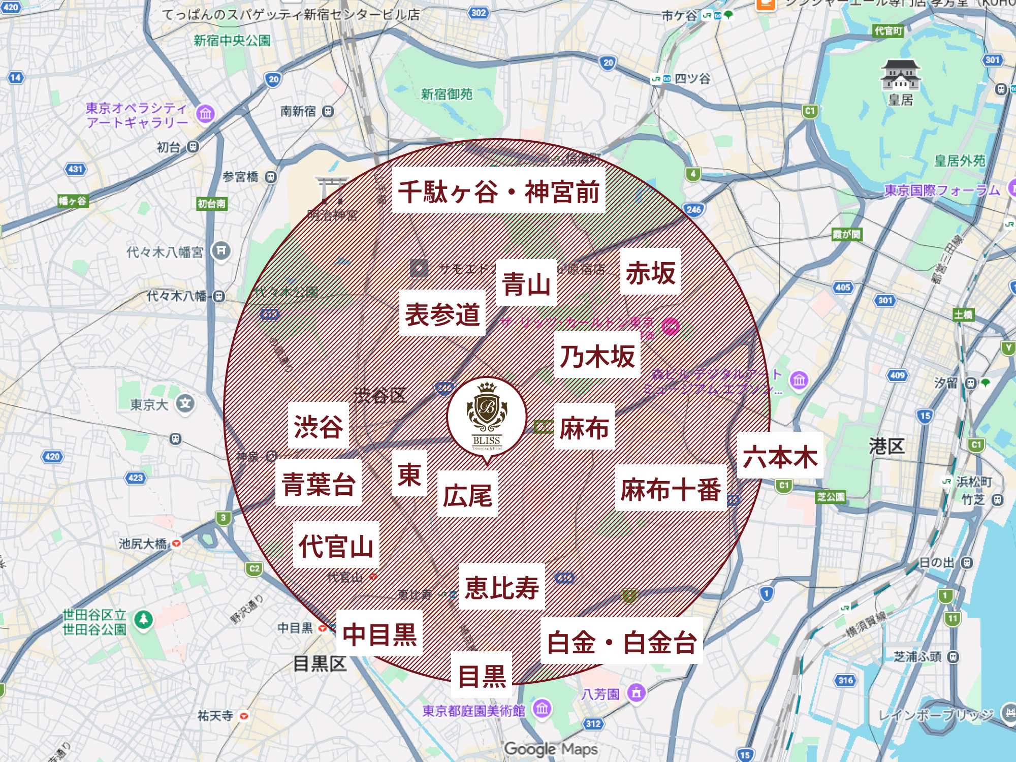 広尾店の無料送迎エリアマップ
