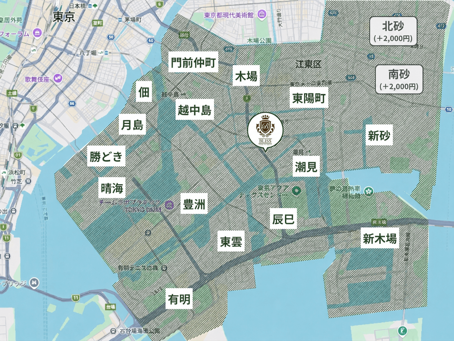 豊洲店の無料送迎エリアマップ